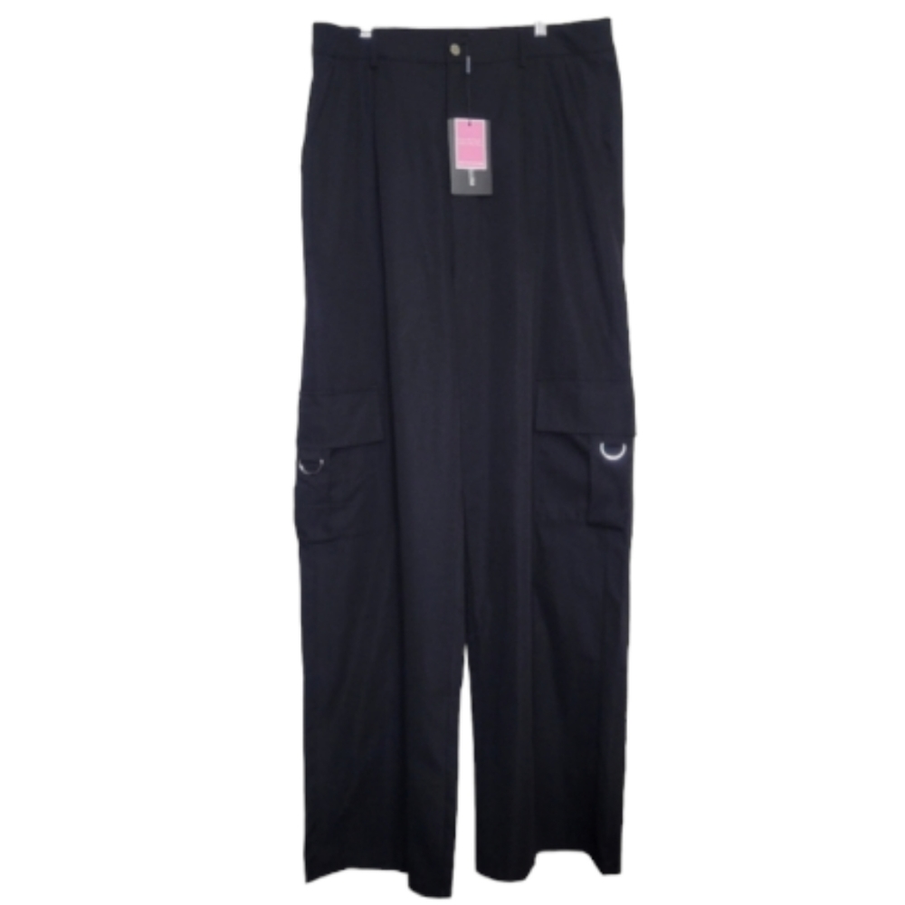 PrettyLittleThing Shape Black Buckle Detail Cargo Wide Leg Pants, Size 14 - Picture 4 of 16